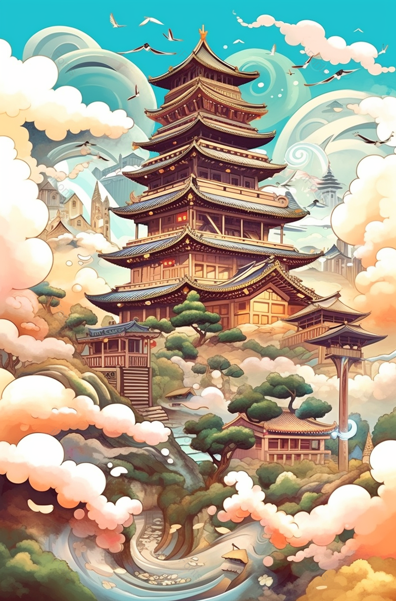 祥云古建筑手绘背景,插画/手绘图,插画/手绘图库,插画/手绘图下载,插画/手绘